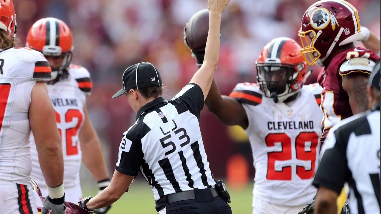 Cleveland Browns running back Duke Johnson showing the referee he has the ball. Johnson recovered his own fumble in a game against the Redskins, but the referees gave the ball to the Redskins.