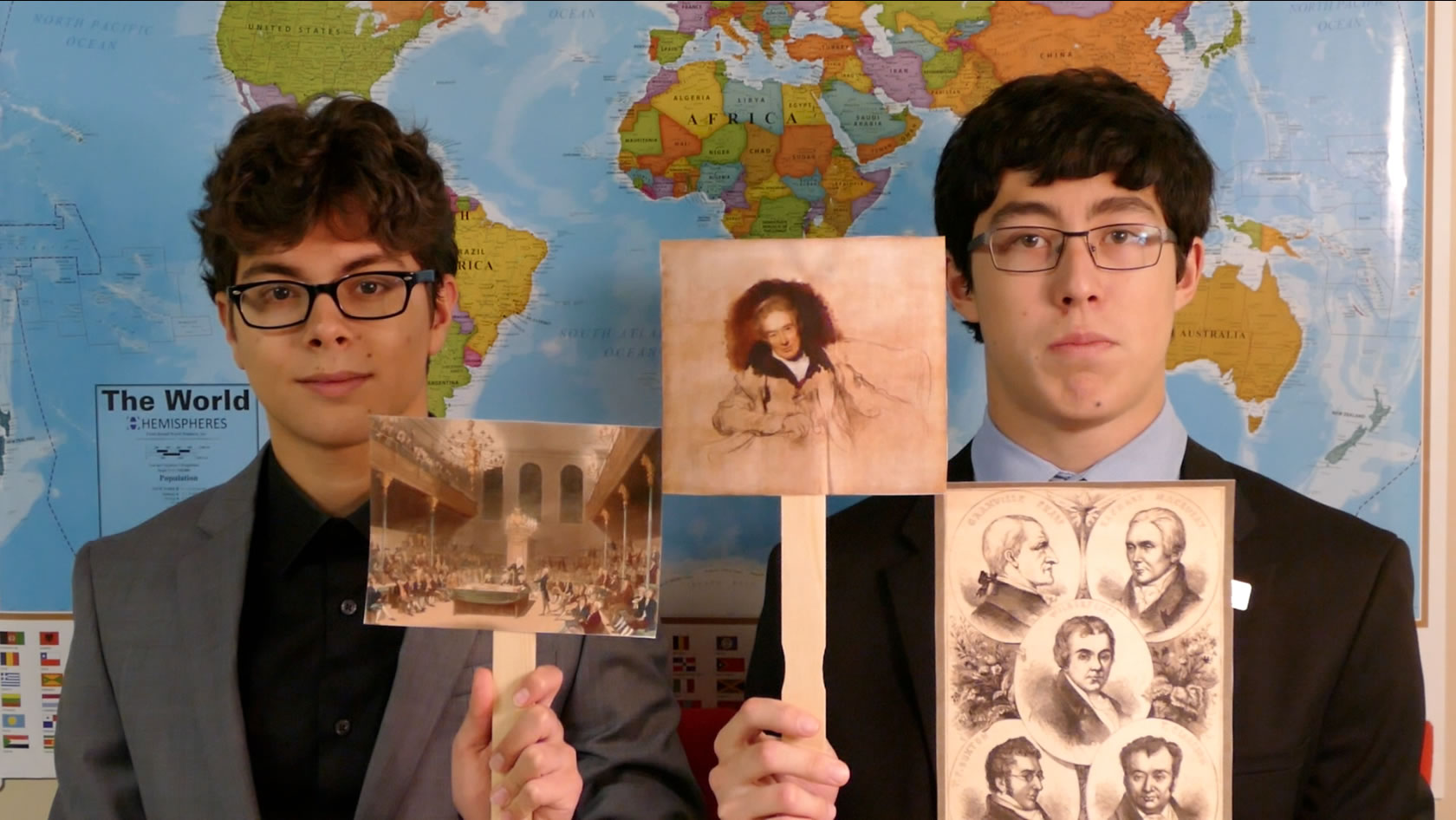 Sophomores Alex Santiago (left) and Jacob Fujioka (right) display their National History Day project on British abolitionist, William Wilberforce.