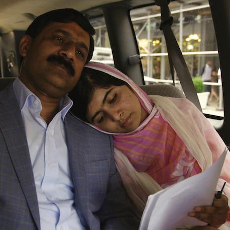 Malala Yousafzai and her father, Ziauddin Yousafzai, prepare for a speech. Malala, among other awards, won the Nobel Peace Prize in 2014. “He Named Me Malala,” documents her journey, from Pakistan to London.
