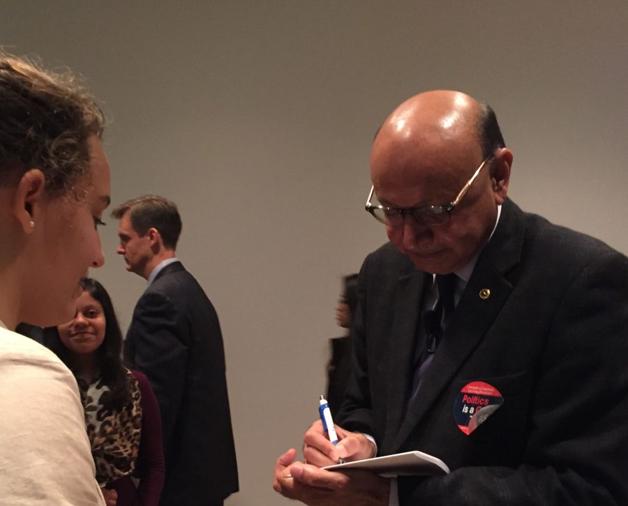 Senior Leah Smith speaks with speaker Khizr Khan at the 18th annual American Democracy
Conference. Khan gained national recognition for his words at the Democratic
National Convention in July.