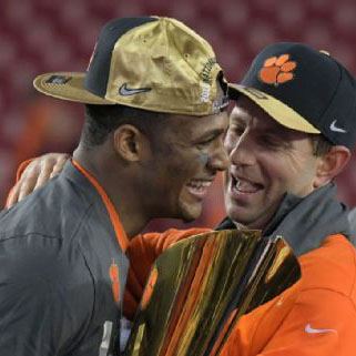 Clemson HC and QB Deshaun Watson finally celebrate a championship win after a bitter loss last year to Alabama.