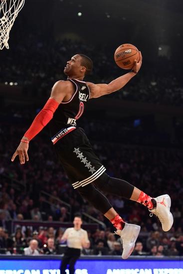 Russell Westbrook goes up for a dunk.  Westbrook did not receive a starting spot in the All-Star Game, despite his incredible performance this season.