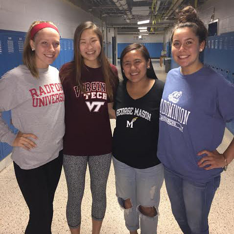 Pictured: Seniors Sidney Walker, Yurie Choe, Gila Manansala, and Thalia Cabrera.  They’re among the 94 percent of Spartans that go to college after high school.  Yet many can’t share their excitement yet, as they’re still looking.