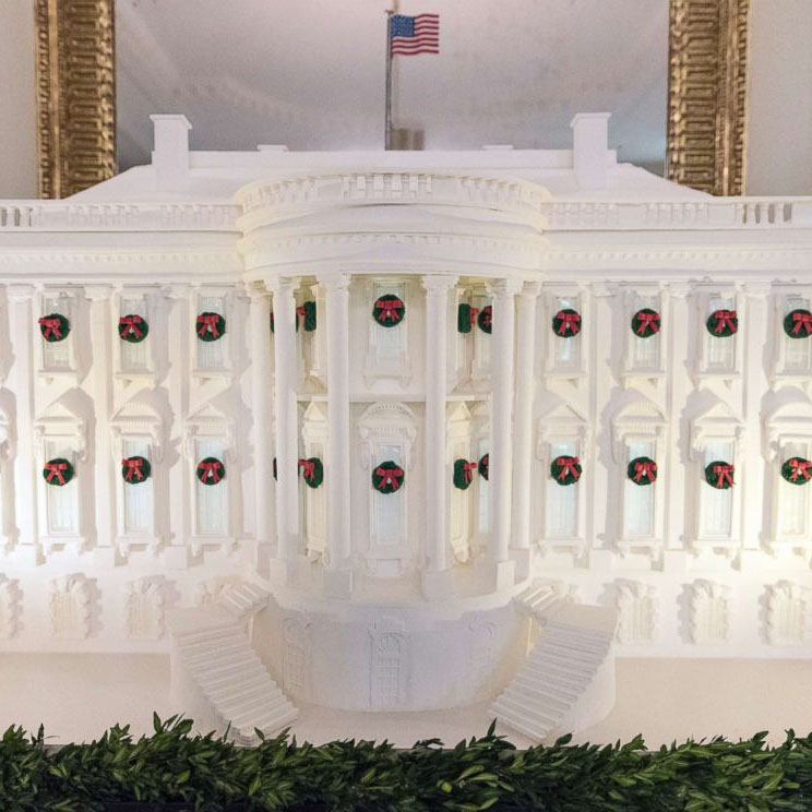The Trump Administration reveals its Christmas decorations, one of which is a 300-pound gingerbread replication of the White House. 