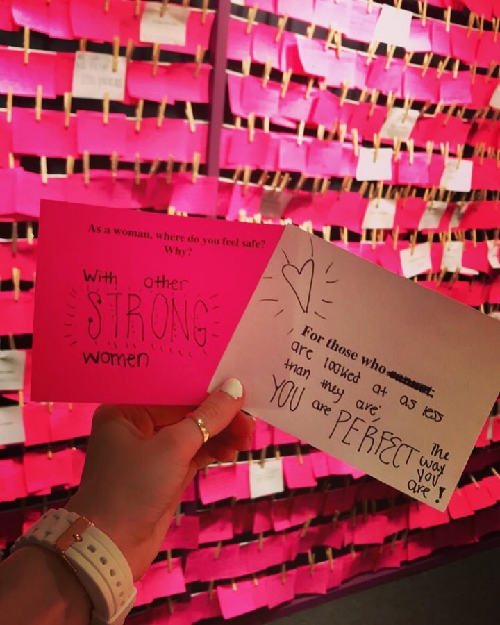 Seniors Emma Jones and Alyssa Robbins went to the National Museum of Women in the Arts to go and learn about and celebrate artwork created by women. This picture displays one of the hands-on exhibits in the museum. This exhibit has a plethora of sticky notes for people to write for other women and to write where they feel safe and why they feel safe there. This is meant to empower women.