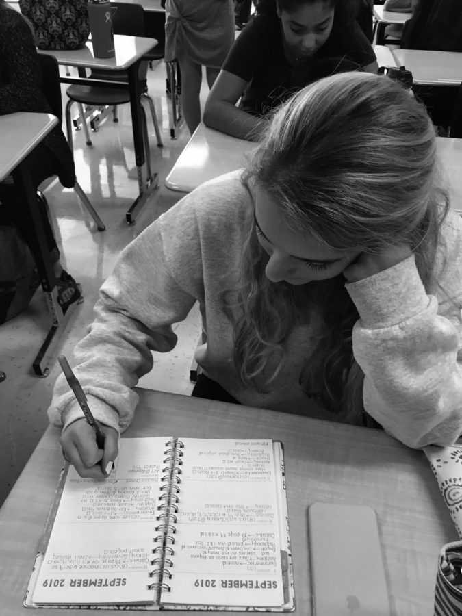 Senior Anna Spirides writes down her homework in her personal planner that she bought herself. Many students bought their own planners in order to stay organized this year.