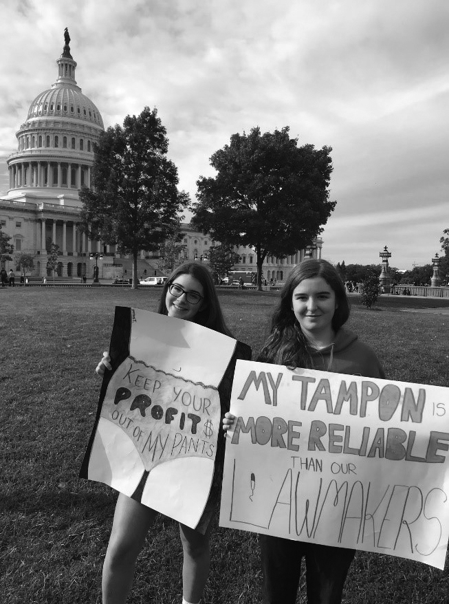 Sophomore+Samantha+Korff+%28left%29+and+freshman+Maura+McCawley+%28right%29+protest+the+%23TamponTax+at+the+Capitol+building+in+Washington+D.C.
