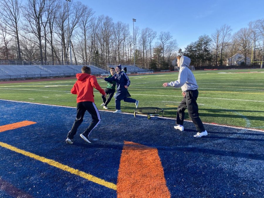 Four Spartans battle in a frigid game of Spikeball in Jaunary. Depsite the below-freezing conditions, the Spikeball club continued to be a hit throughout the month, with meetings continuing twice a week.