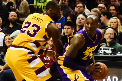 Bryant posts up on Lebron James during the last season of his career. Just the night before Bryants death, James passed him to secure 3rd place on the NBAs all-time scoring leaderboard.