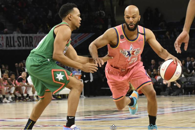 Common drives into the lane during the February 14 Celebrity All-Star game. The rapper and recording artist took home MVP honors for his 10 point, 5 rebound, and 4 steal performance in which he led Team Wilbon to the 62-47 win over Team Stephen A.