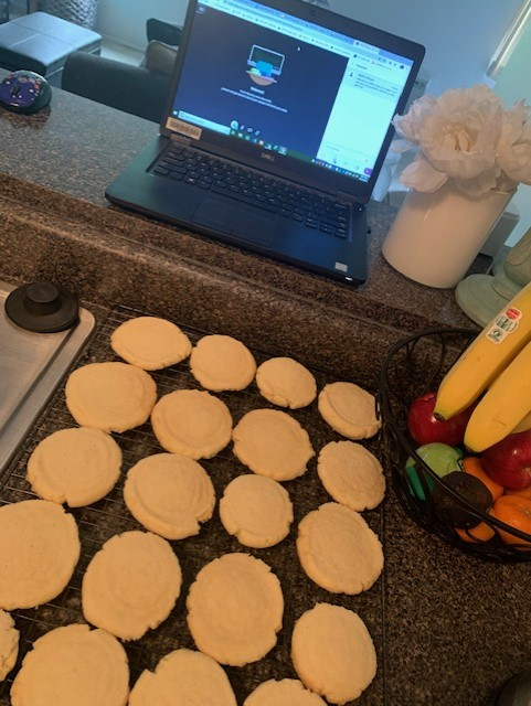 English and Peer Tutoring teacher Melissa Morgan bakes cookies in between online classes. She has been exploring baking many different kinds of treats, and she recently made these sugar cookies.