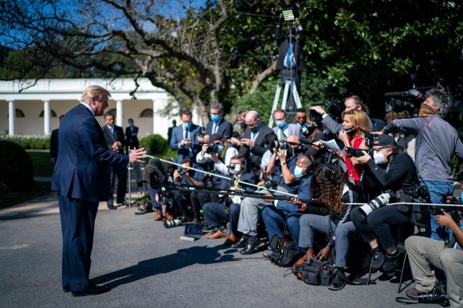 President Trump addresses the media before leaving for Maryland on Tuesday.
