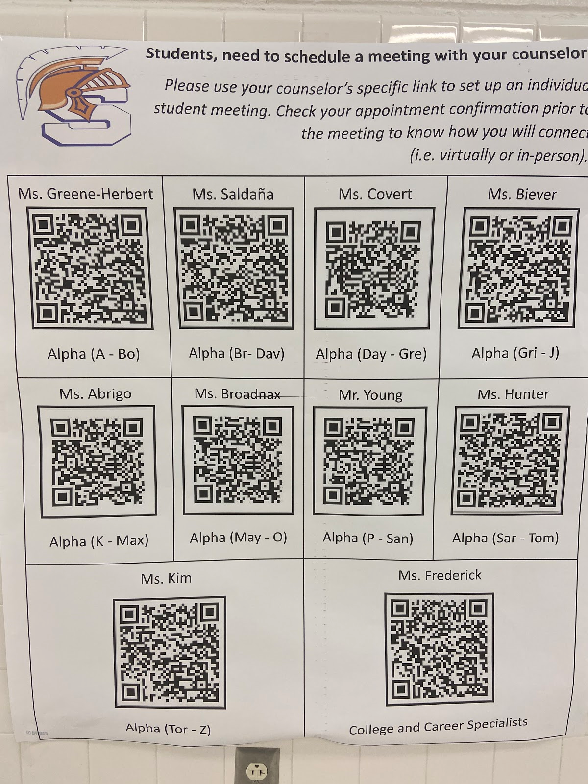 Now students are able to request a meeting with your counselor easily. Scanning the QR codes will take them to a google form to request a private meeting.