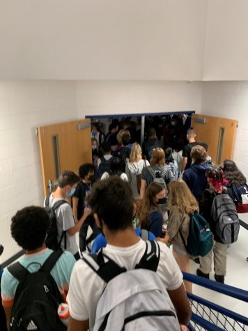 Many students crowd stairwell A which demonstrates how the overcrowding within WS is very unsafe for students.