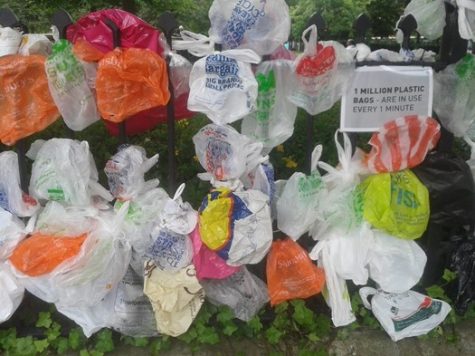 Plastic bags are hung along a fence to spread awareness of the problem of littering in America. 