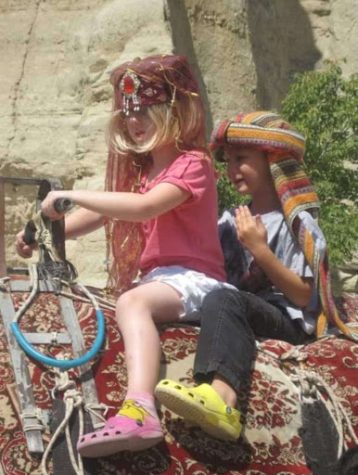 Babb and Kaitlin riding a Bactrian Camel together in Cappadocia.