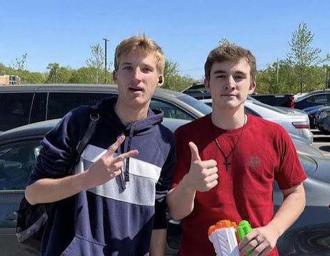 Caleb Selph (left) and Jacob Skrypak (right) after Selph was eliminated by Skyrpak’s team. “They just wanted to know what went down and basically said, ‘Don’t use water guns at school,” Selph stated in reference to being called to the office for being involved with an elimination on school grounds.