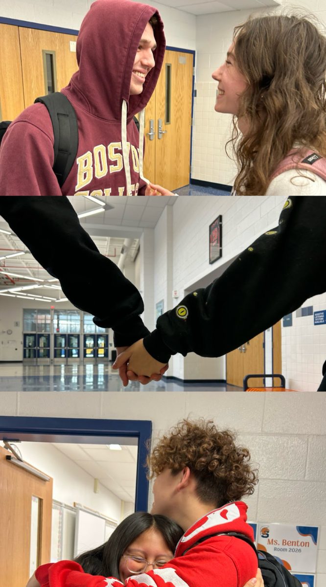 Toned-down PDA is also shown and is recognized as more of the “civil” couples. Hugs, hand holding or little flirt-like actions are generally accepted throughout the student body as “normal.” (Top: Sophomore Eva Angell and junior Sam Silvanic embrace in Spartan Hall. Middle: Senior Maddox Ethridge and junior Eva Koschmider hold hands in the hallway. Bottom: Sophomore Romeo Poafpybitty and sophomore Brianna Gonzales hug.